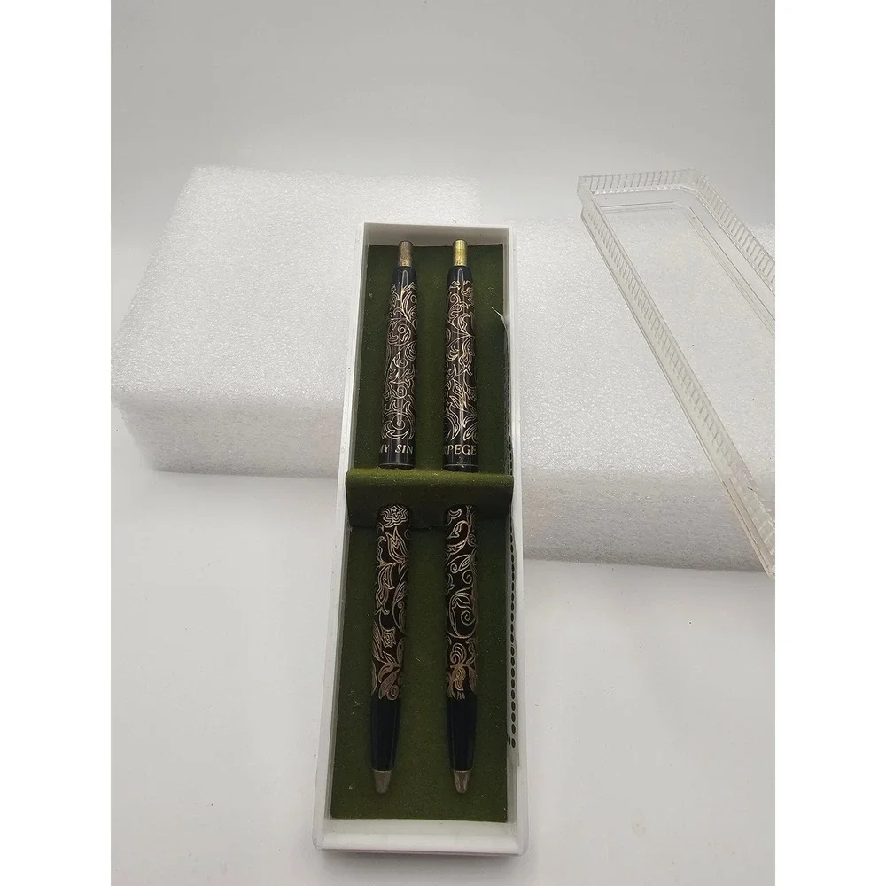 Vintage Lanvin Arpege My Sin Pen Set 14KT Gold Electroplated Floral Filigree